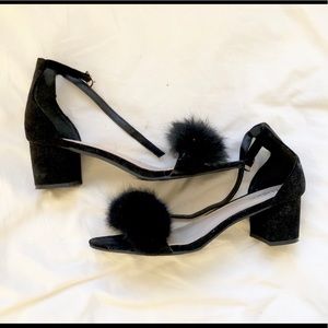 Black ankle strap sandal with faux fur detail